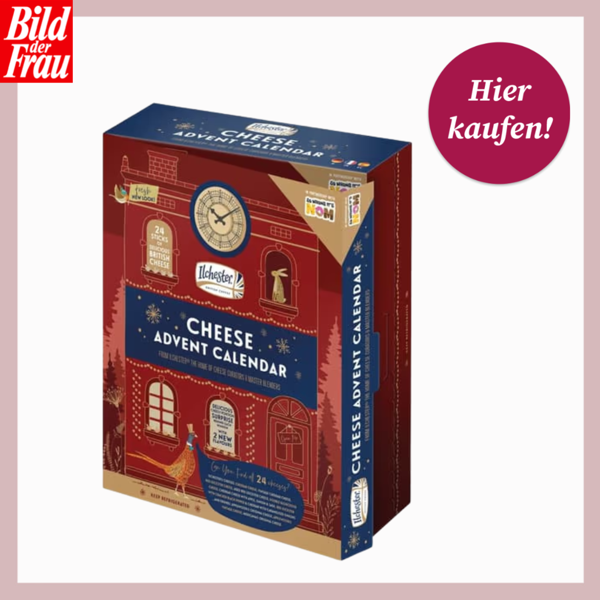 Roter Käse-Adventskalender mit winterlichen Illustrationen und Uhrmotiv, daneben runder Button mit „Hier kaufen!“-Schriftzug. | © knuspr.de/Canva/bildderfrau.de