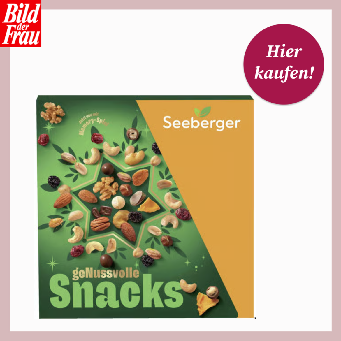 Seeberger-Adventskalender  mit Cashews, Mandeln, Beeren und Walnüssen auf grünem Design mit Memory-Spiel-Hinweis oben links | © knuspr.de/Canva/bildderfrau.de