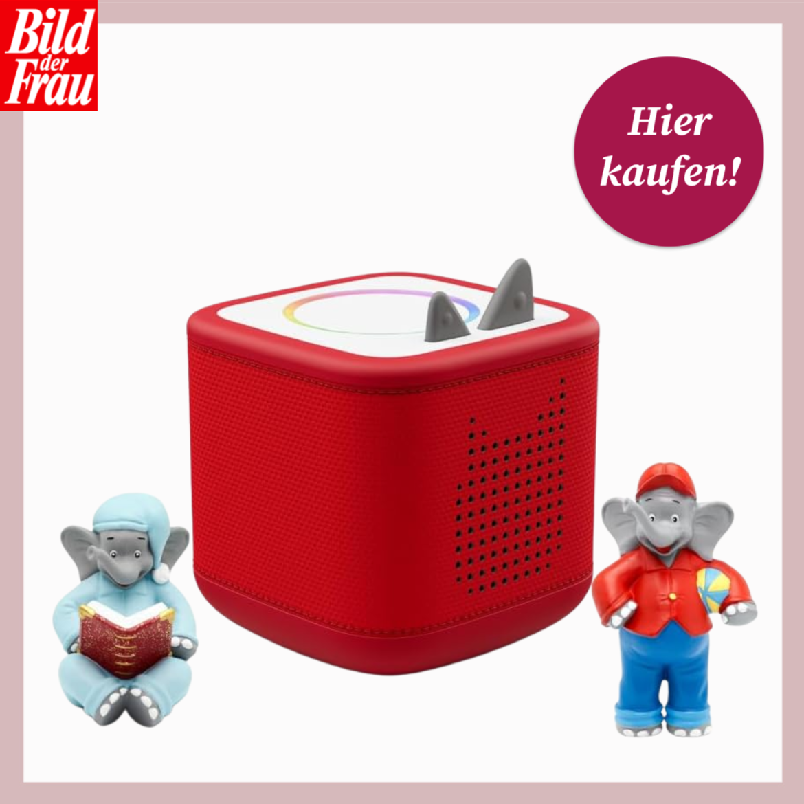 Roter Audioplayer mit Elefantenfiguren, eine im blauen Schlafanzug mit einem Buch und eine andere in einer roten Jacke mit einem Ball. Text in der oberen linken Ecke: 'Bild der Frau' und in der rechten Ecke ein Button mit dem Text 'Hier kaufen! | © Amazon/Canva/Collage:bildderfrau.de