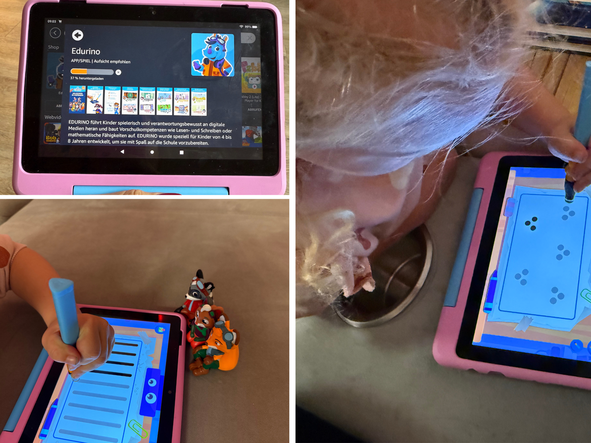 Kleines blondes Kind spielt mit Lern-App Edurino auf pinkem Tablet, malt mit Stift, daneben bunte Tierfiguren auf grauem Sofa. | © Madeleine Liedke 