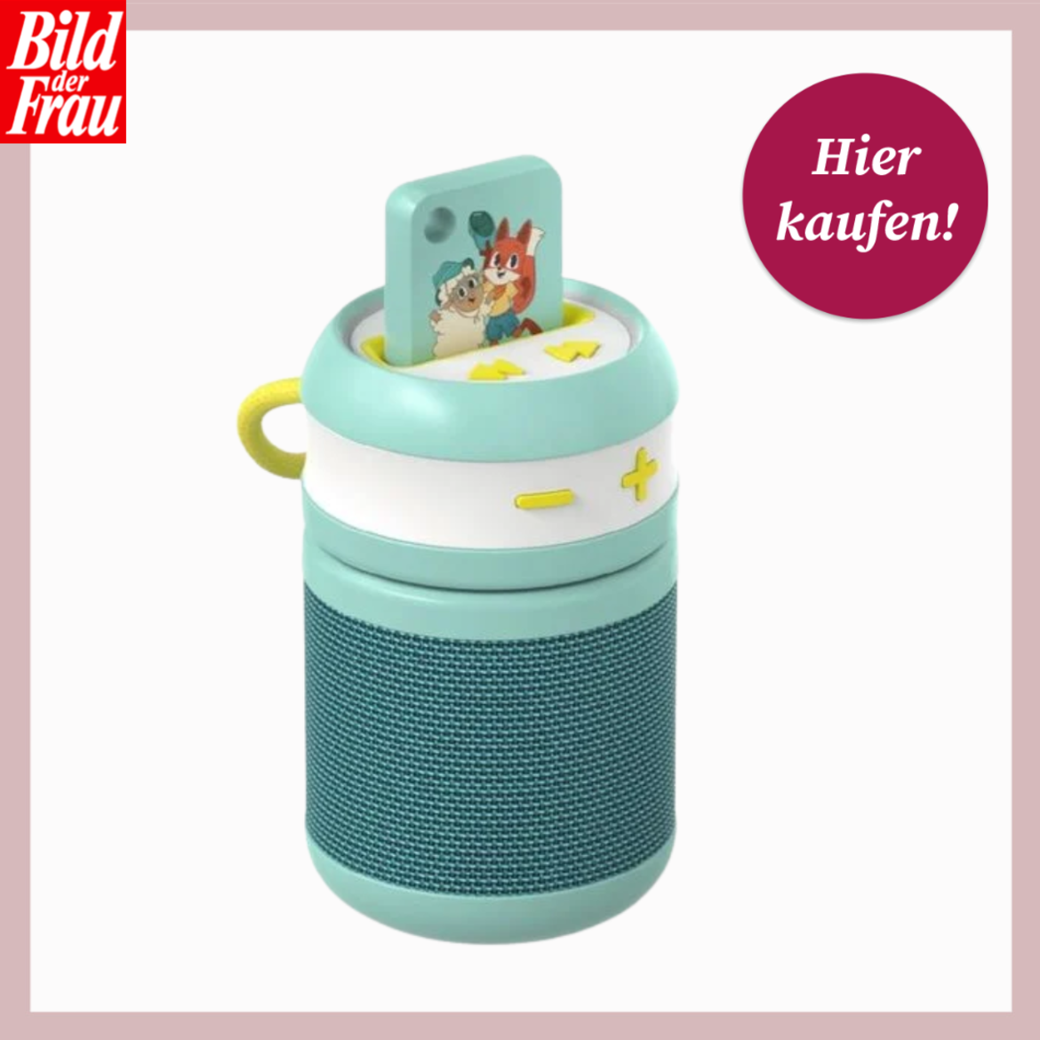 Türkisfarbener Audioplayer mit gelben Bedientasten und eingelegter Karte mit Fuchs- und Maus-Illustration. | © Thalia/Canva:Collage:bildderfrau.de
