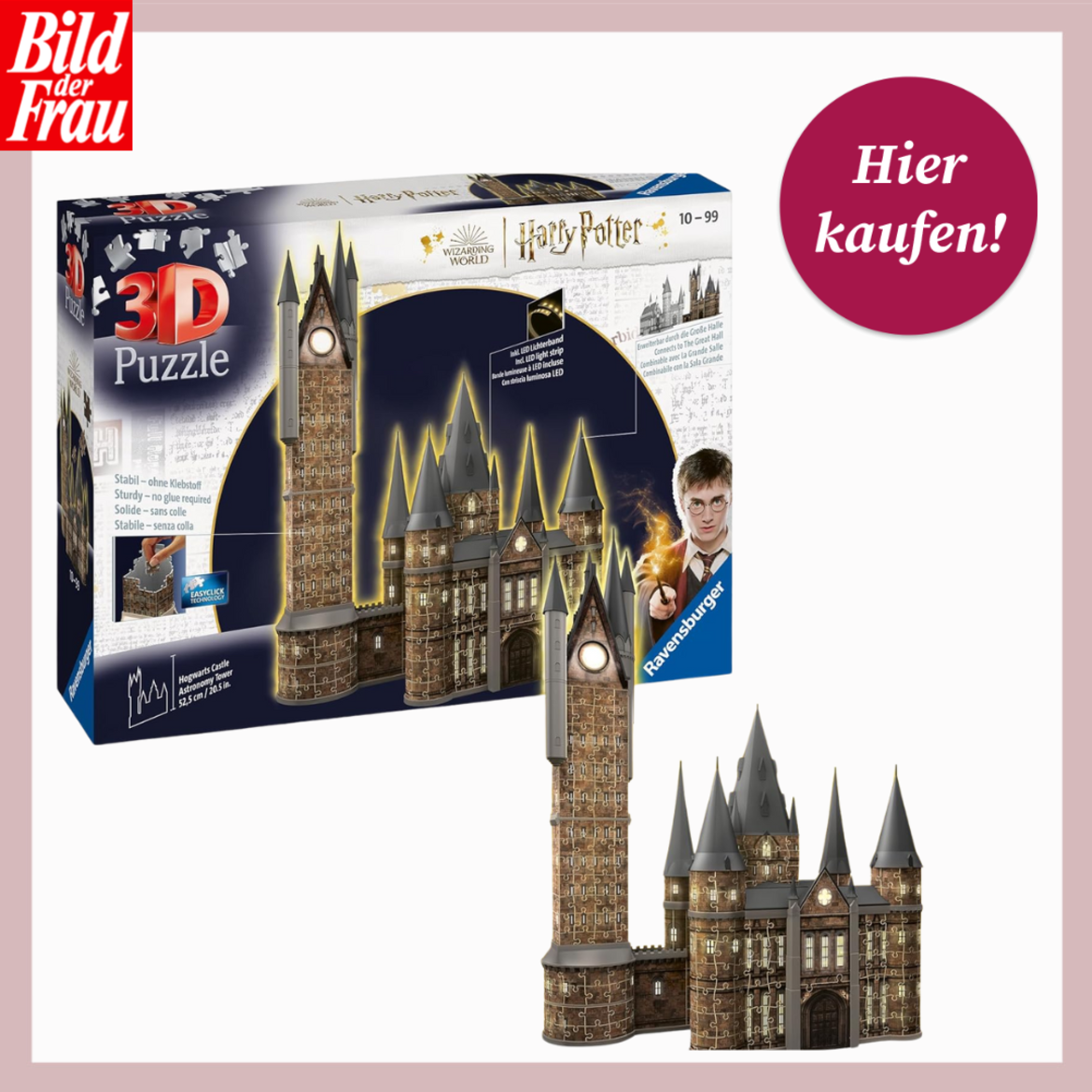3D-Puzzle der Zauberschule Hogwarts mit Türmen, LED-Licht und Schachtel im Harry-Potter-Design, daneben der fertige Aufbau. | © Amazon/Canva/Collage:bildderfrau.de