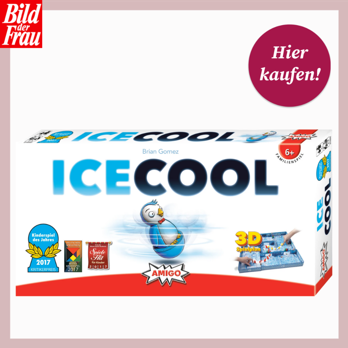 Spieleschachtel des Kinderspiels "ICECOOL" mit Pinguin-Illustration, Siegeln und dem Schriftzug „Hier kaufen!“ oben rechts. | © Thalia/Canva/Collage:bildderfrau.de