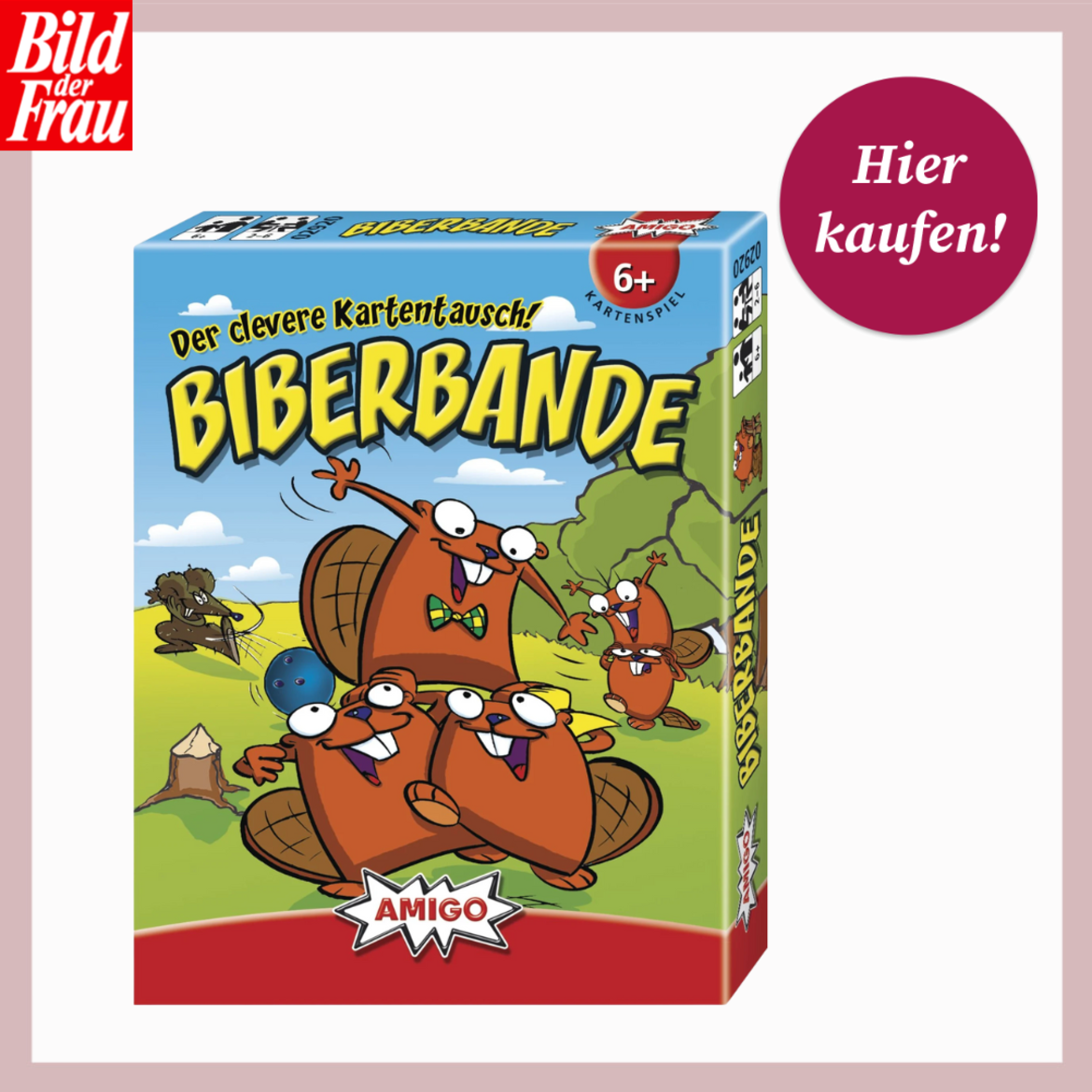 Bunte Spielverpackung von „Biberbande“ zeigt fröhliche Comic-Biber in Landschaft, empfohlen ab sechs Jahren. | © Thalia/Canva/Collage:bilderfrau.de