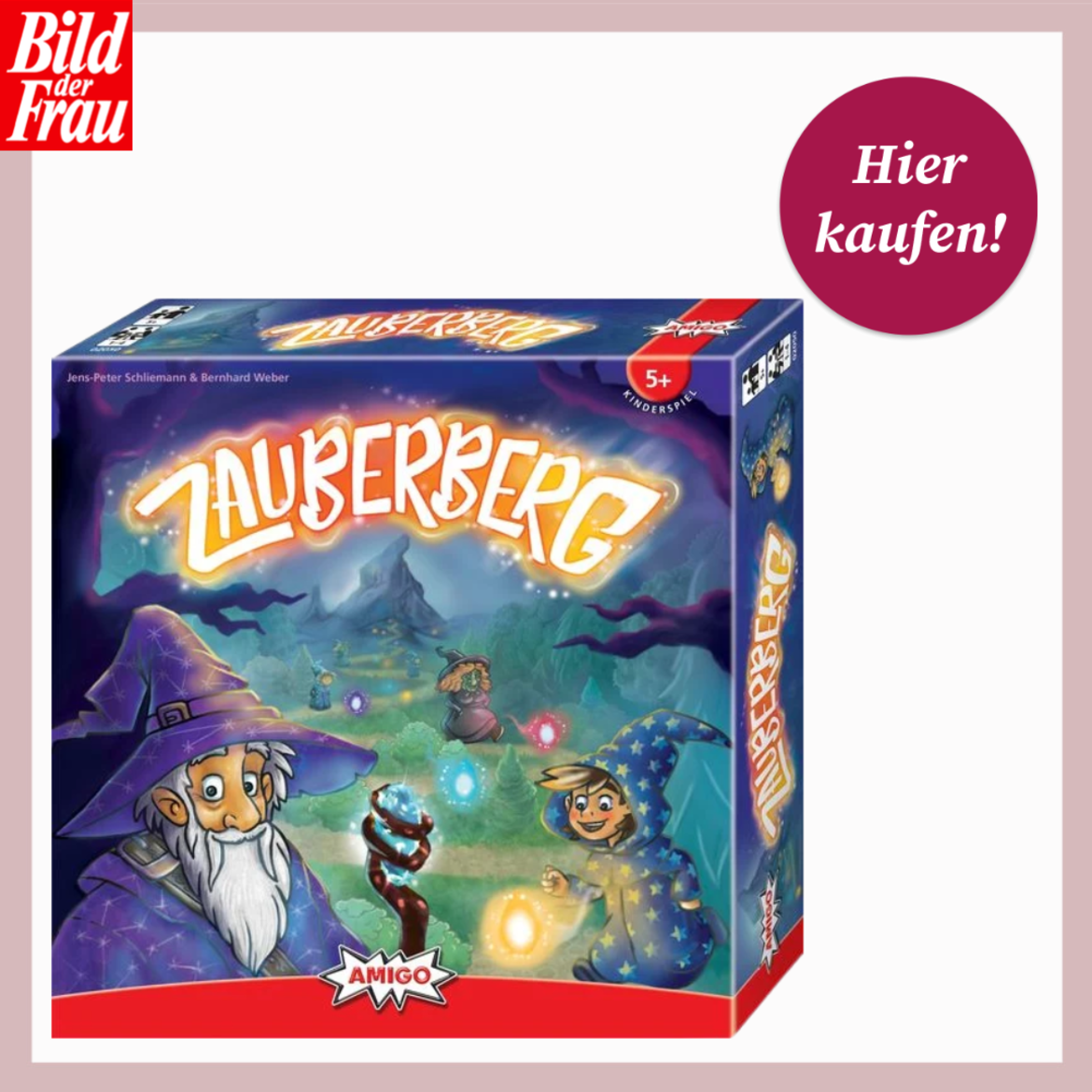 Verpackung des Kinderspiels "Zauberberg" mit leuchtenden Kugeln, Zauberer mit weißem Bart und lachendem Jungen im Zaubermantel. | © Thalia/Canva/Collage:bildderfrau.de