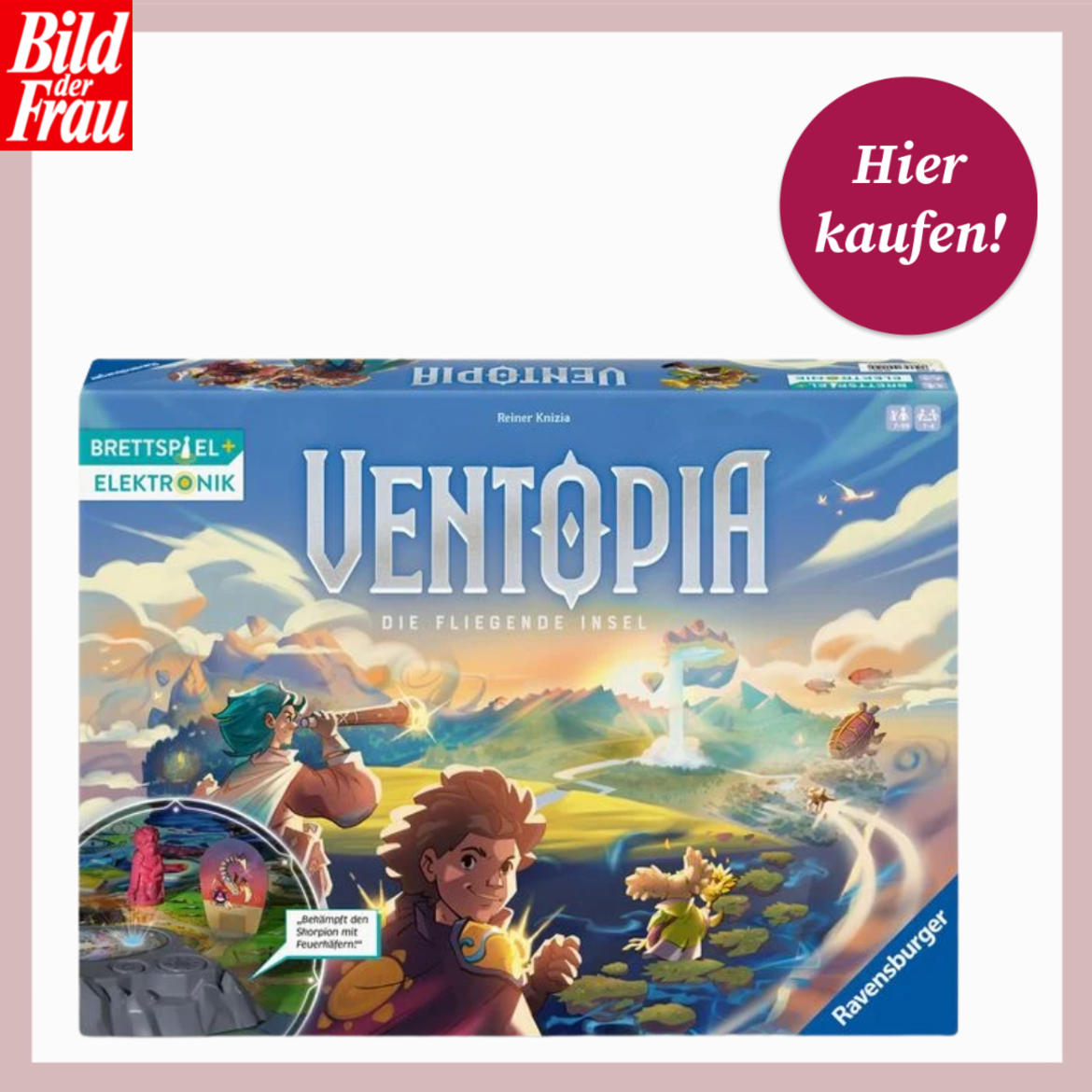 Bunt gestaltete Verpackung des Spiels „Ventopia“ zeigt abenteuerliche Figuren auf einer fliegenden Insel im Fantasy-Stil. | © Thalia/Canva/Collage:bildderfrau.de