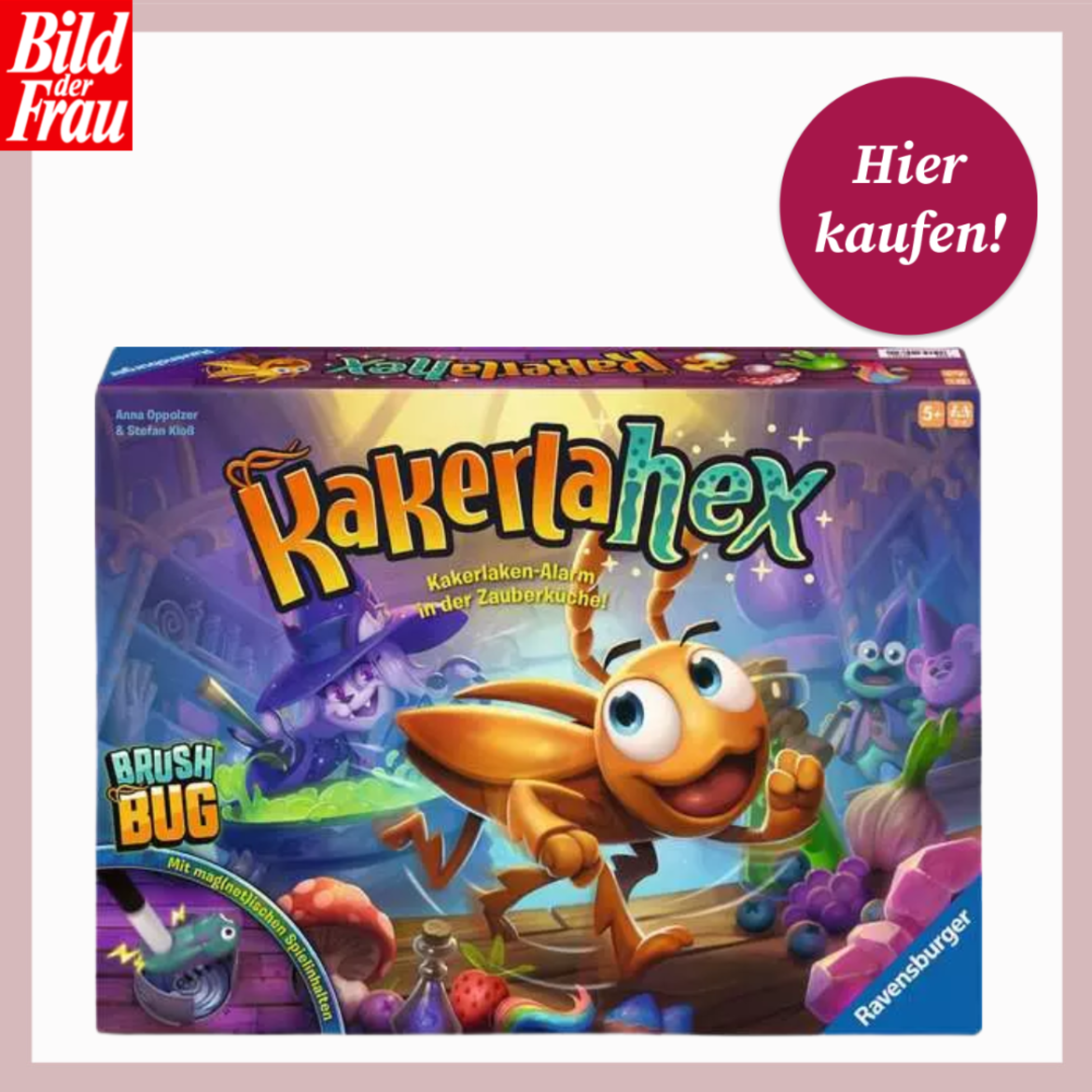 Verpackung des Kinderspiels "Kakerlaxhex" mit lachender Kakerlake, Hexenküche, bunten Zutaten und magischem Licht. | © Thalia/Canva/Collage: bildderfrau.de