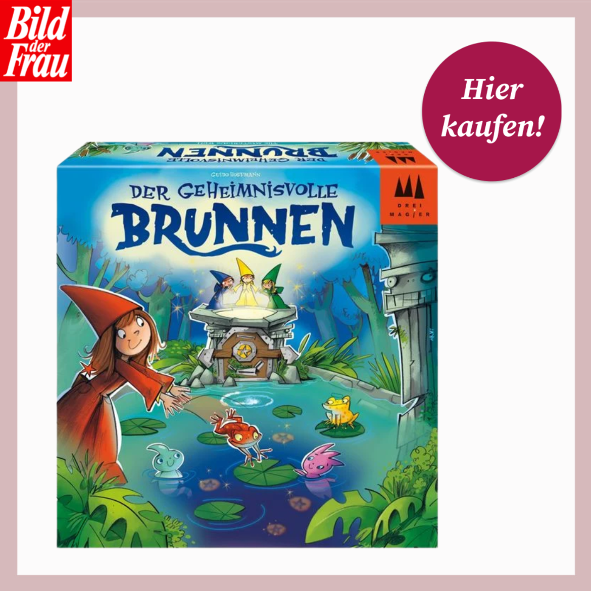 Bunt illustriertes Spiel "Der geheimnisvolle Brunnen" zeigt Zauberer am Brunnen, Fabeltiere im Teich und ein Mädchen in Rot. | © Thalia/Canva/Collage:bildderfrau.de