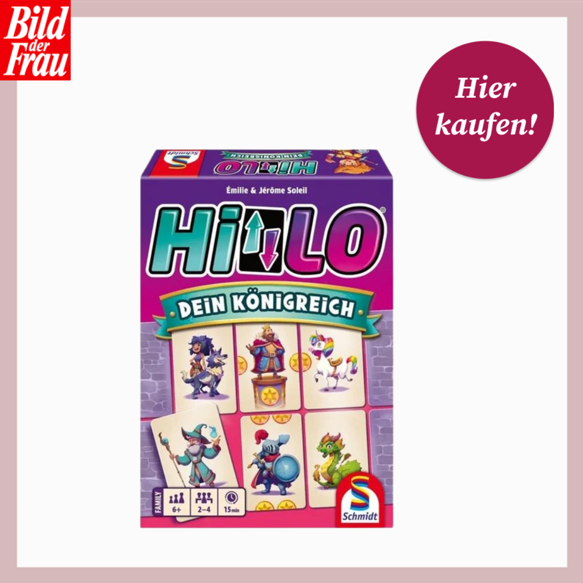 Bunte Spieleschachtel von "HiLo – Dein Königreich" mit Ritter-, Einhorn- und Drachenkarten auf weißem Hintergrund. | © Thalia/Canva/Collage:bildderfrau.de