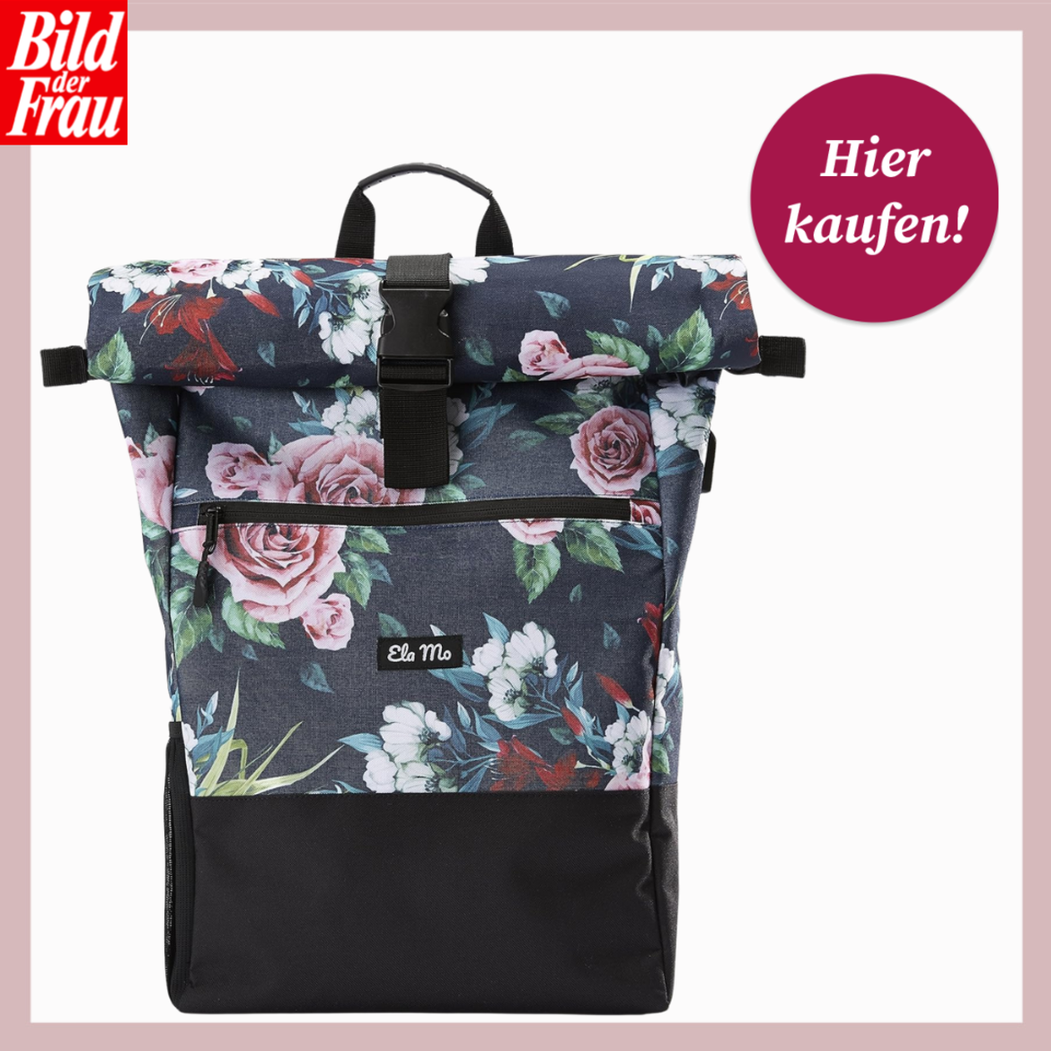 Moderner Rucksack mit dunkelblauem Hintergrund und großem, buntem Blumenmuster, vorn Reißverschluss und Label "Ela Mo". | © Amazon/Canva/Collage:bildderfrau.de