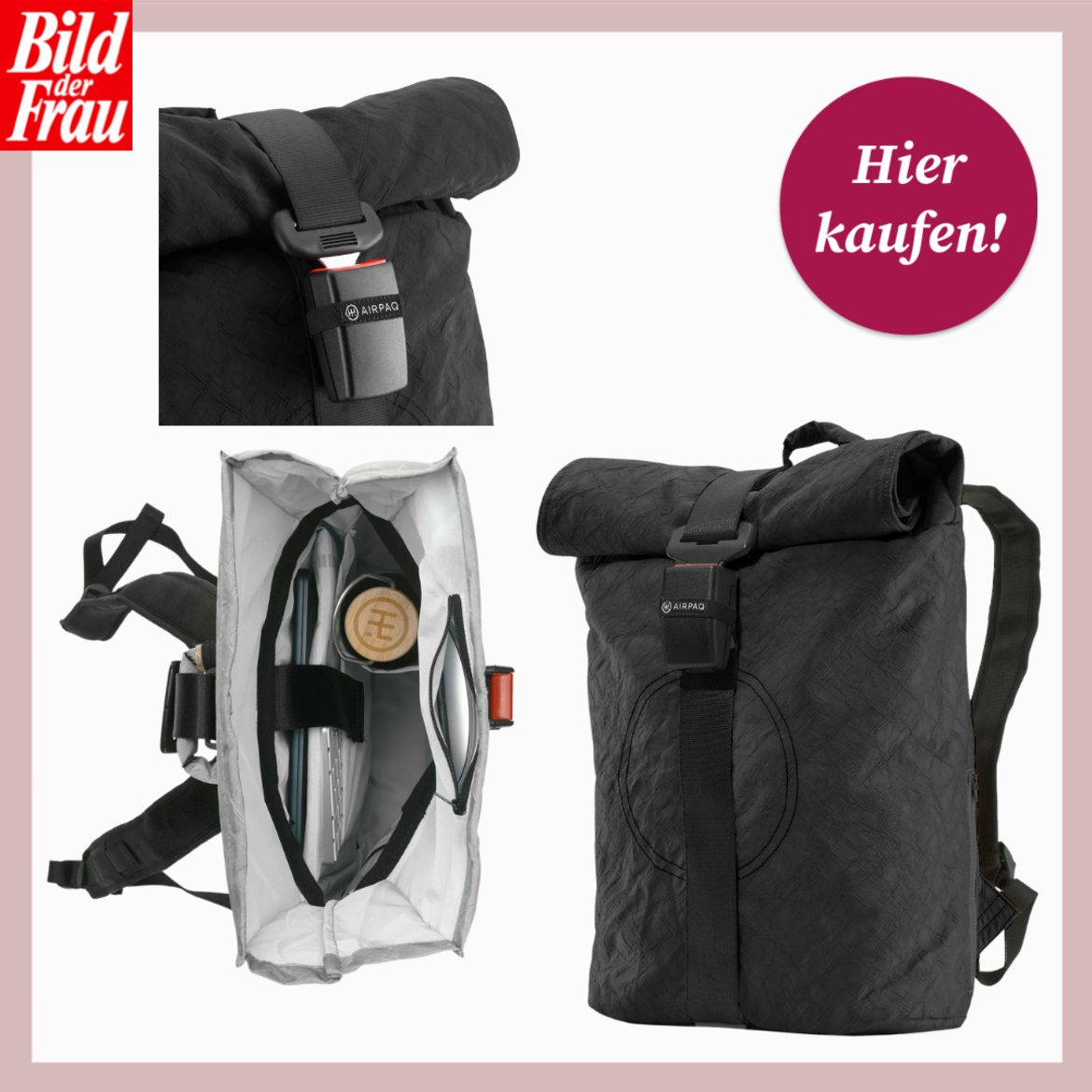 Schwarzer Rolltop-Rucksack mit Clipverschluss, seitlicher Schnalle und geöffnetem Innenfach mit Laptop, Flasche und Stift. | © AIRPAQ /Canva/Collage:bildderfrau.de