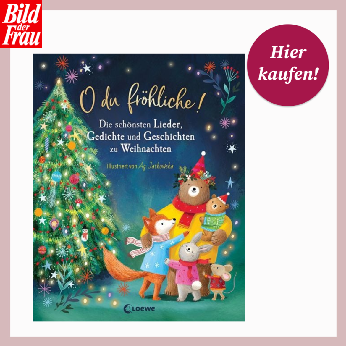 Buntes Kinderbuchcover mit fröhlichen Tieren vor geschmücktem Weihnachtsbaum und dem Titel „O du fröhliche!“ in Goldschrift. | © Thalia/Canva/Collage:bildderfrau.de