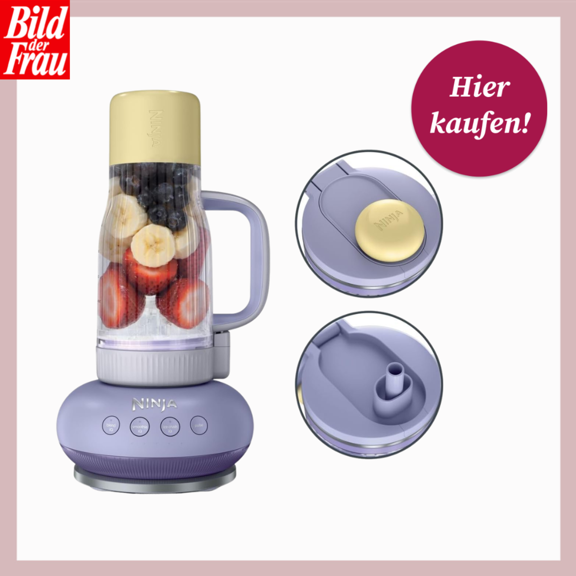 Ein lila Standmixer mit transparentem Behälter voller Erdbeeren, Bananenscheiben und Heidelbeeren steht vor hellem Hintergrund. | © Amazon/Canva/Collage: bildderfrau.de