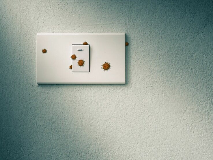 Ein Lichtschalter mit aufgeklebten Bakterien-Stickern an einer Wand.