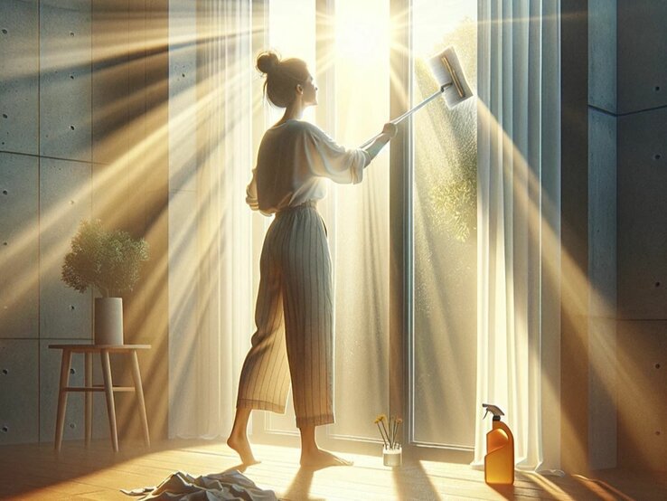 Eine Frau putzt im Sonnenschein die Fenster von innen.