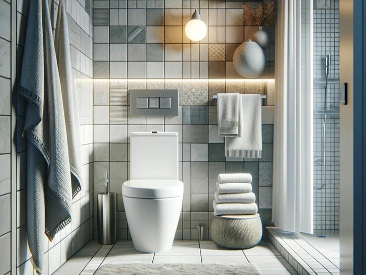 Ein Badezimmer in der Frontalansicht. Zu sehen ist die Toilette, Duschvorhang, Handtücher und die Kllobürste.
