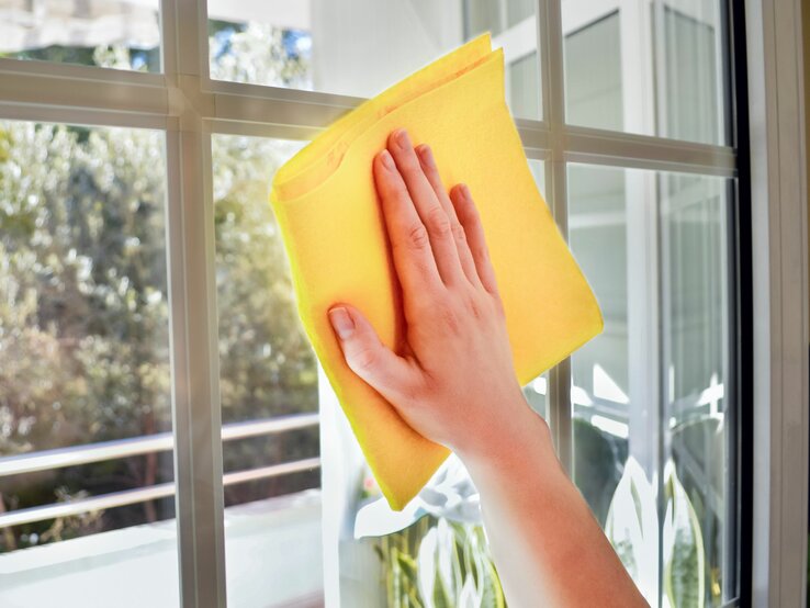  Das Bild zeigt eine Person, die ein Fenster mit einem gelben Tuch reinigt. Die Szene könnte darauf hinweisen, wie man mit einem einfachen Tuch und vielleicht einem natürlichen Reinigungsmittel, wie dem Saft einer Kartoffel, im Rahmen eines umweltfreundlichen Frühjahrsputzes Fenster putzen kann. Die helle, sonnige Umgebung draußen und das saubere Fenster vermitteln eine frische, frühlingshafte Atmosphäre.