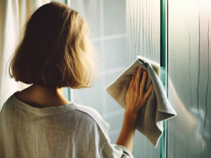 Eine Frau putzt mit einem Putzlappen die Glasduschwand einer Dusche.