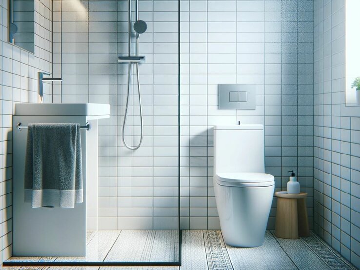 Ein Badezimmer mit Toilette, Dusche, weißen Fliesen und verdreckten Fugen ist zu sehen.