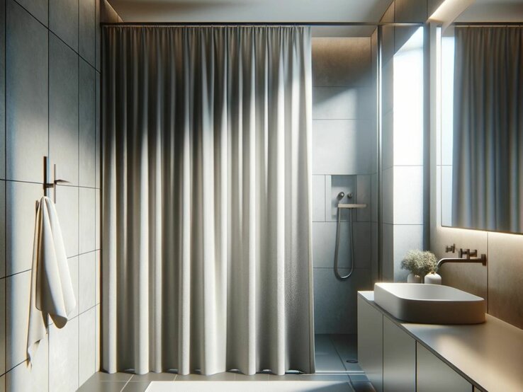 Ein Badezimmer mit Blick auf die Dusche inklusive Duschvorhang ist zu sehen.