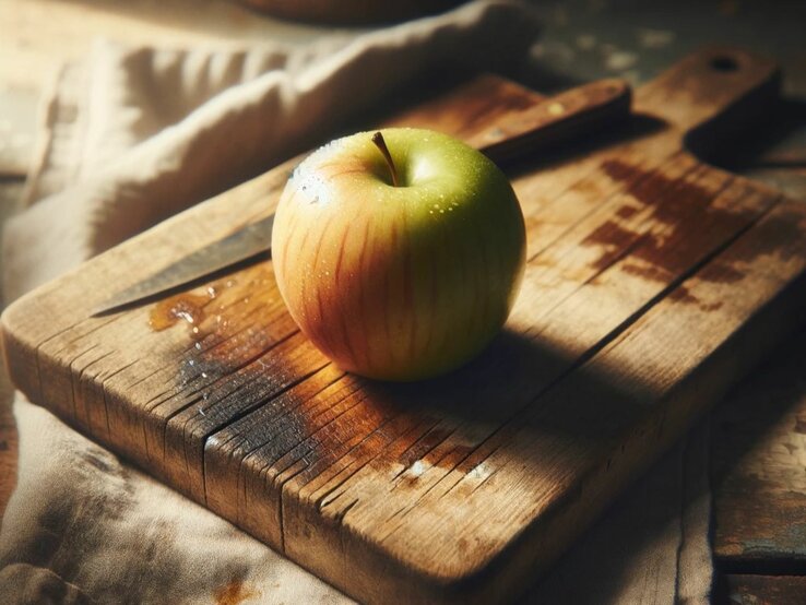 Ein verschmutztes Schneidebrettchen, auf dem ein Apfel und ein Messer liegen.