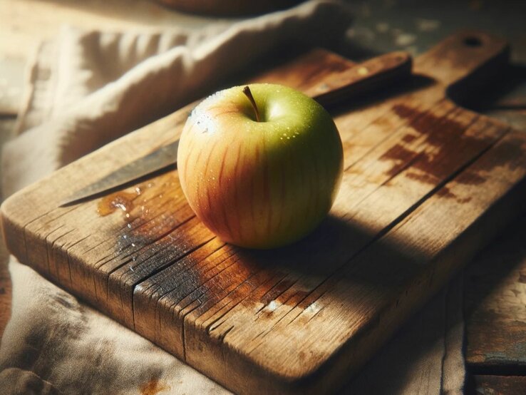 Ob Schneidebrettchen oder Obst und Gemüse: Der beliebte Essigreiniger hilft auch bei der Reinigung dieser Gegenstände. Ein verschmutztes Schneidebrettchen, auf dem ein Apfel und ein Messer liegen.