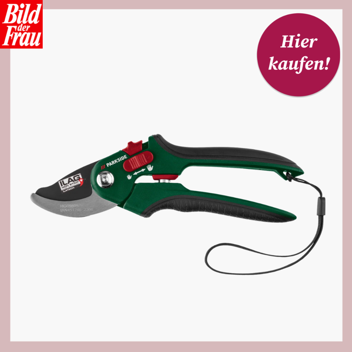 Professionelle Bypass-Gartenschere in Grün und Schwarz mit Stahlklingen und Sicherungsclip. | © Lidl 