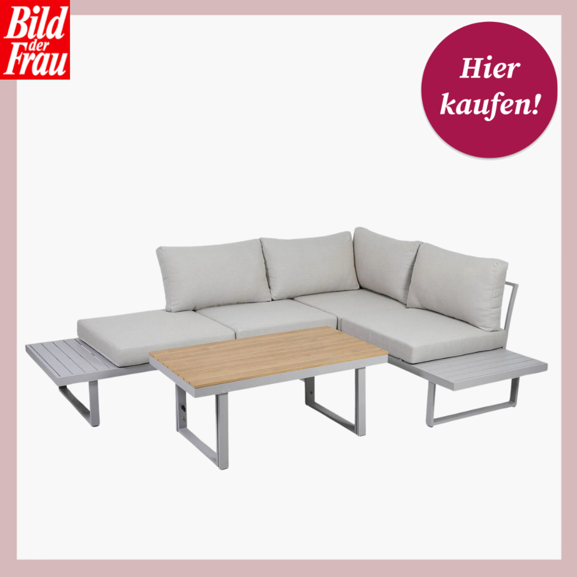 Eckiges Lounge-Gartenmöbelset in Grau mit weichen Kissen und integriertem Tisch. | © Lidl 