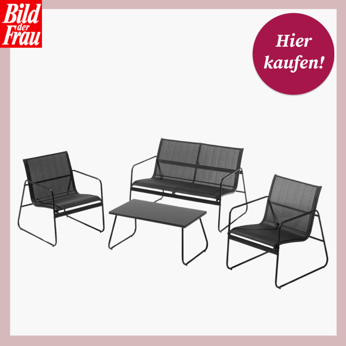 Moderne Gartenmöbel: Zwei schwarze Stühle, eine Bank und ein Tisch auf hellem Untergrund. | © Lidl 