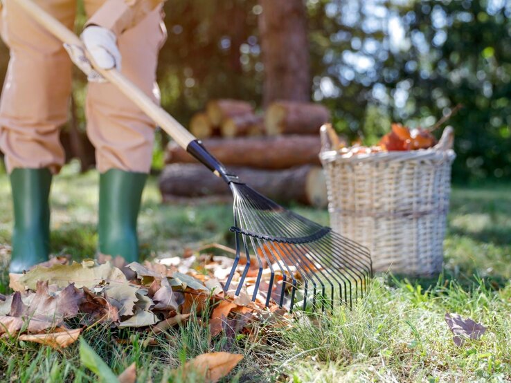 Gartenarbeit Bußgeld Eine Person in grünen Gummistiefeln und hellbrauner Hose harkt Laub im Garten neben einem Korb voller Blätter.