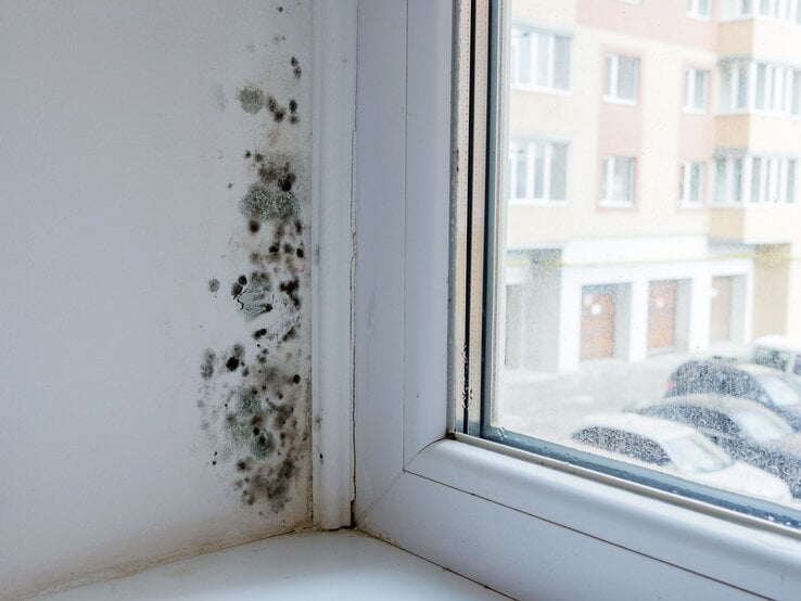 Pflanzen gegen Schimmel Schwarzer Schimmel an einer weißen Fensterlaibung mit deutlichen Flecken, daneben ein beschlagenes Fenster mit Blick auf eine Wohnanlage.