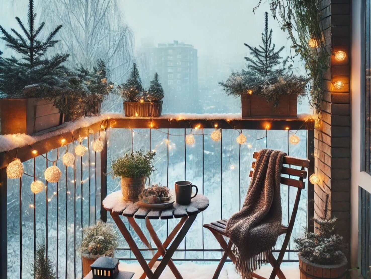 Balkon gestalten im Winter Mit Tanne, Kugeln & Kerzen