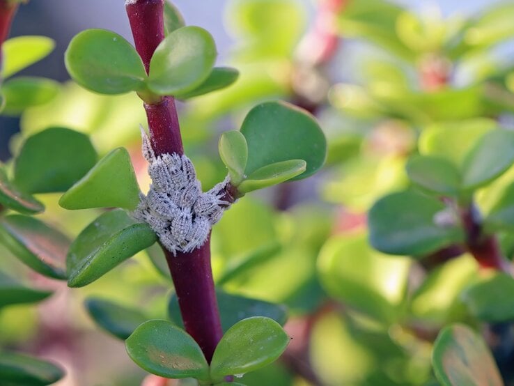 Nahaufnahme von Schildläusen an einem sukkulenten Trieb mit ovalen, glänzenden Blättern in frischer Frühlingssonne.