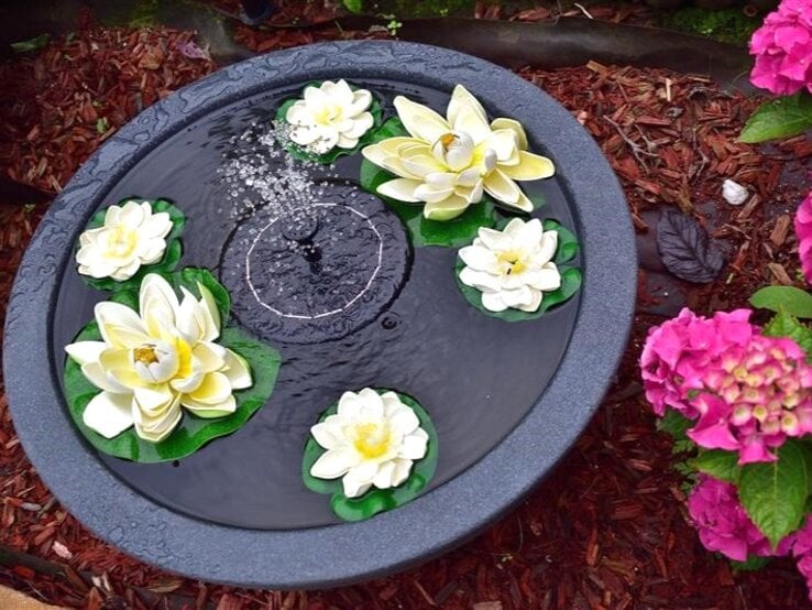 Kleiner Solarbrunnen sprudelt in einem schwarzen Becken, in dem dekorative Seerosen schwimmen, Holzmulch ringsum.