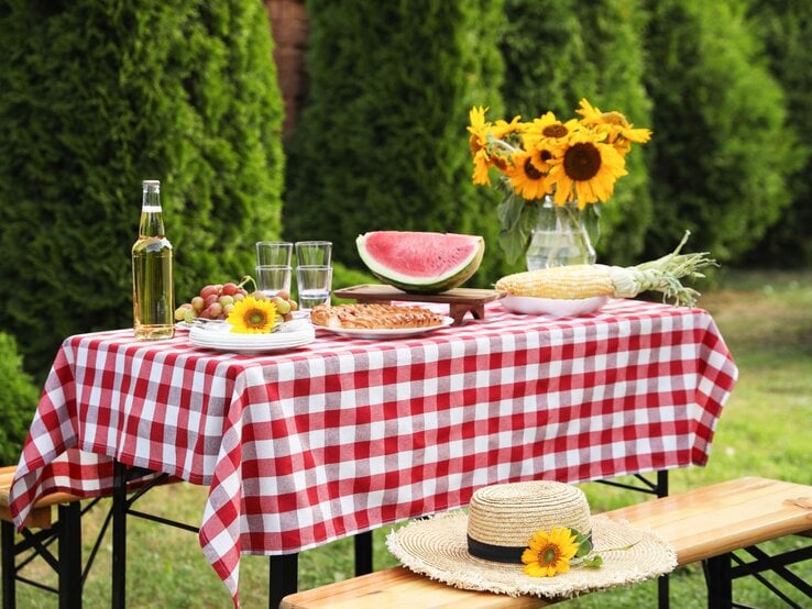 Gedeckte Gartenmöbel | © Shutterstock/New Africa Sommerlich gedeckter Gartentisch mit rot-weiß karierter Tischdecke, Obst, Maiskolben und Sonnenblumen vor grünen Hecken. | © Shutterstock/New Africa