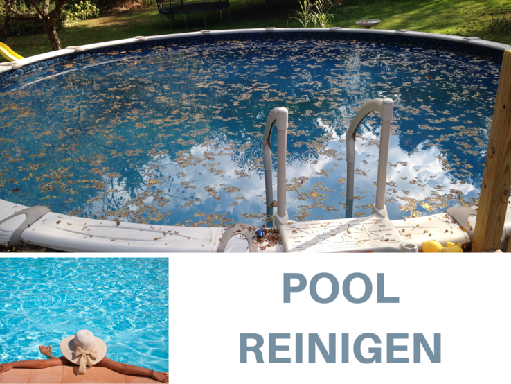 Pool reinigen Ein runder Gartenpool ist mit herabgefallenen Blättern bedeckt, im Wasser spiegeln sich Wolken, im Hintergrund grüner Rasen.