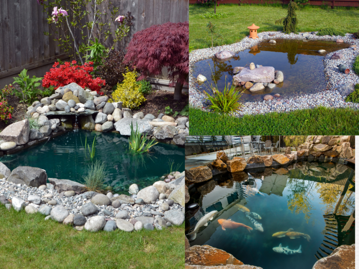 Drei unterschiedlich gestaltete Gartenteiche mit Steinen eingefasst, umgeben von Blumen, Rasen und asiatisch inspirierten Deko-Elementen.