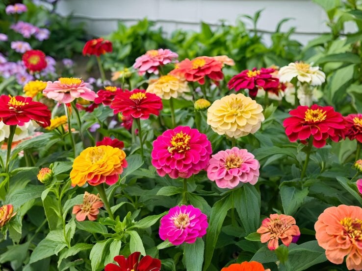 Sommerblumen Ende Mai pflanzen: Zinnie | © Shutterstock/xxposure Bunte Zinnien in Pink, Rot, Gelb und Orange blühen üppig in einem sonnigen Gartenbeet vor grüner Hecke und Hauswand. | © Shutterstock/xxposure