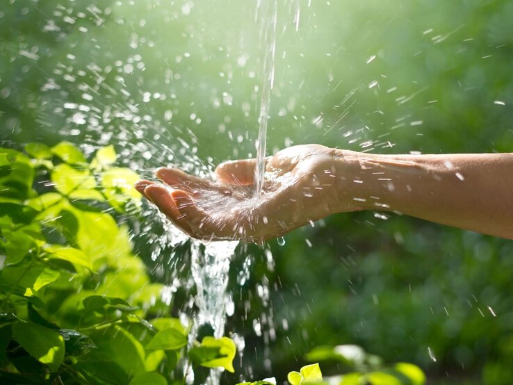Regenwasser sammeln Gründe Nahaufnahme einer Hand, die unter Regenwasser sammelt. Im Hintergrund glänzenden Blättern in weichem Sonnenlicht.