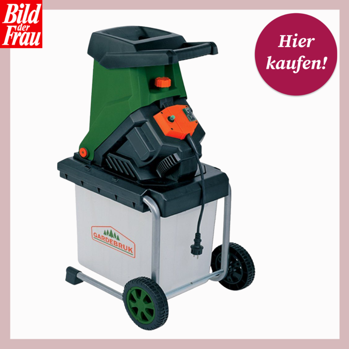 Elektrischer Gartenhäcksler in Grün-Schwarz mit Fangbox und Rädern, markiert mit dem Logo "GardeBruk" auf weißem Hintergrund. | © Otto/Canva/Collage:bildderfrau.de