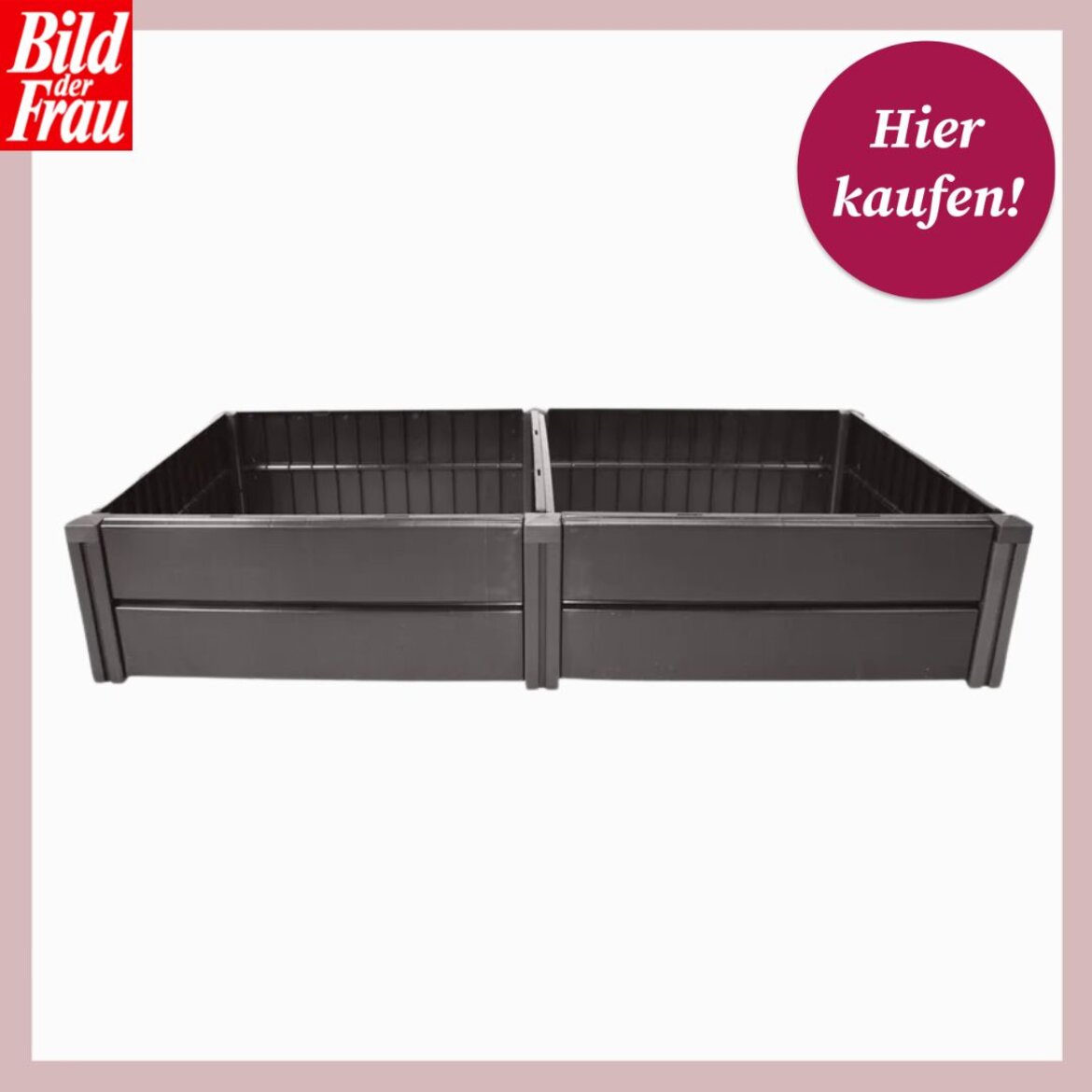 Zweigeteiltes, modernes Hochbeet aus robustem Kunststoff in Anthrazit mit klaren Linien und strukturierter Oberfläche. | © Collage: Lidl, bildderfrau.de