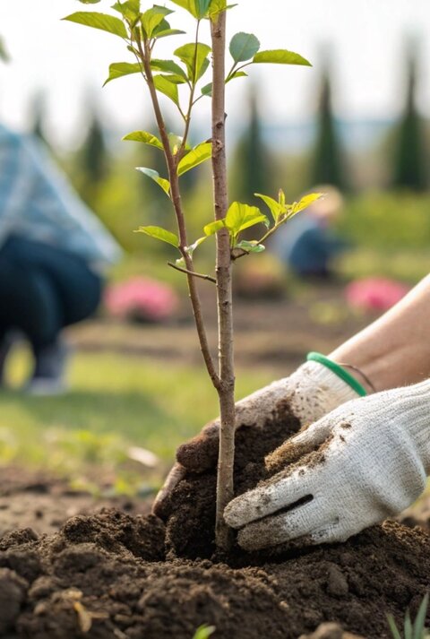 Zwei Personen mit Gartenhandschuhen pflanzen bei Sonnenschein junge Bäumchen in lockere Erde auf einer grünen Wiese.