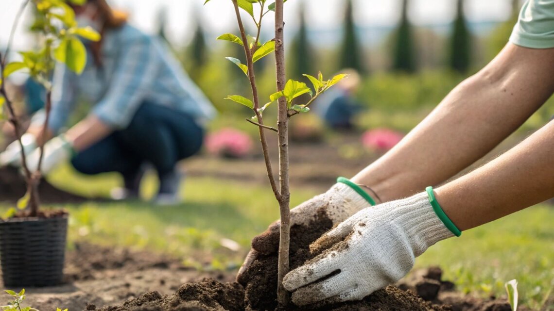 Zwei Personen mit Gartenhandschuhen pflanzen bei Sonnenschein junge Bäumchen in lockere Erde auf einer grünen Wiese.