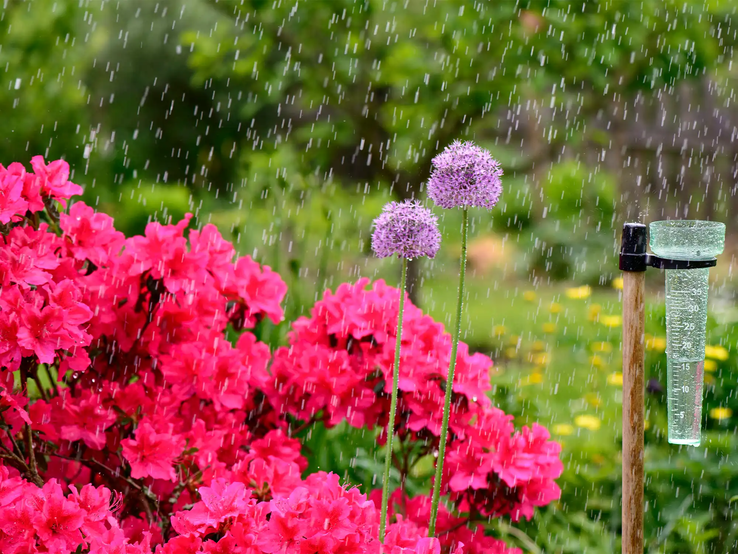 Stauden im Garten als Nahaufnahme bei Regen