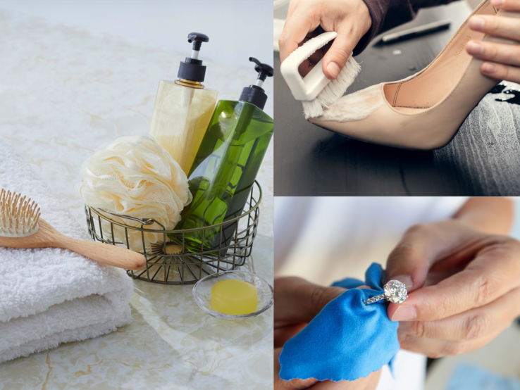 Collage Conditioner Haushalts-Hacks Drei Pflegeszenen: Duschgel und Bürste auf Handtüchern, Schuhreinigung mit Bürste, Hand poliert funkelnden Diamantring.