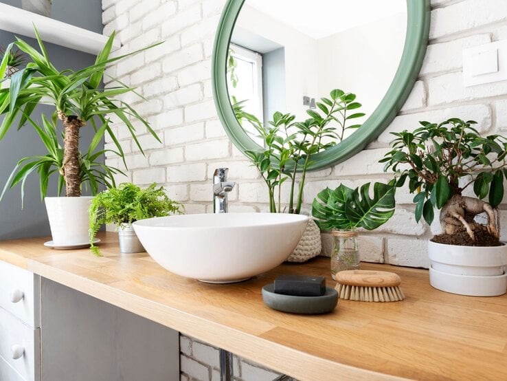 Stilvolles Badezimmer mit Holztisch, weißen Blumentöpfen mit grünen Pflanzen, modernem Waschbecken und rundem Spiegel mit grünem Rahmen.
