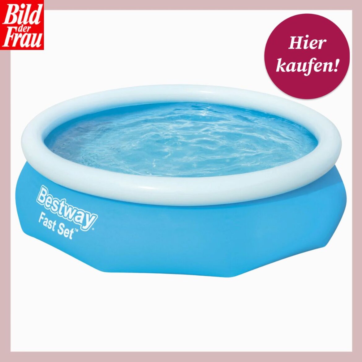 Ein aufblasbarer blauer Rundpool mit weißem Rand, gefüllt mit klarem Wasser, steht vor hellem Hintergrund, ideal für den Garten. | © Collage: Lidl, bildderfrau.de