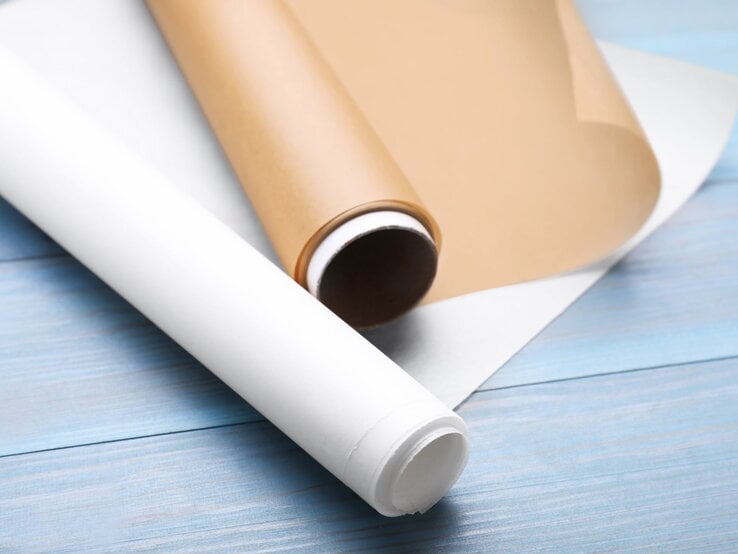 Zwei Rollen Backpapier, eine braun, eine weiß, liegen auf einer blassblauen Holzoberfläche nebeneinander entrollt da.