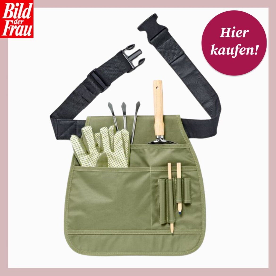 Eine grüne Gartenschürze mit Taschen, gefüllt mit Handschuhen, kleinen Gartengeräten und Bleistiften, sowie verstellbarem Gürtel. | © Collage: Tchibo, bildderfrau.de