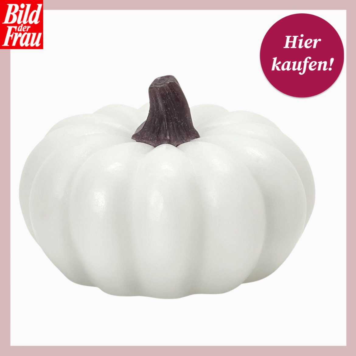 LED-Kürbis von Tchibo mit mattem Glanz und dunkelbraunem Stiel steht zentriert auf hellem Hintergrund mit rosa Rahmen. | © Tchibo/Canva:bildderfrau.de